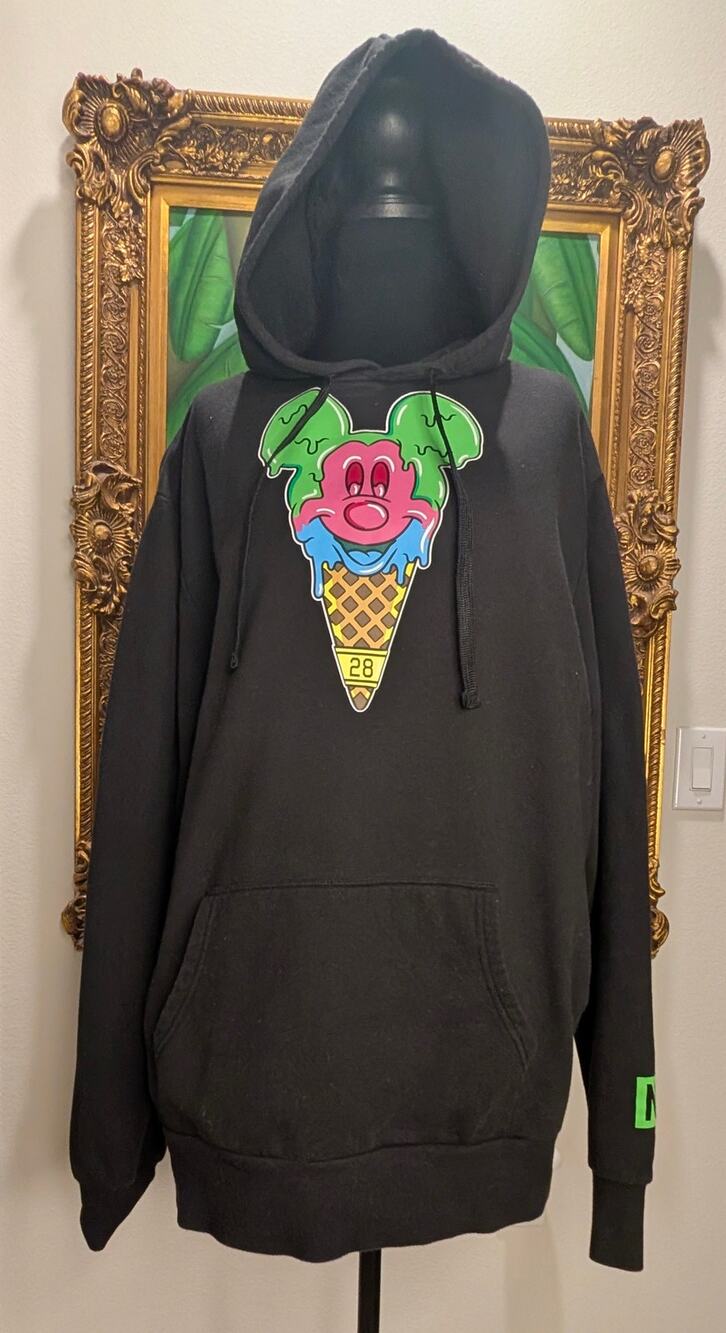 Disney NEFF Mickey Mouse Ice Cream Cone Hoodie Black Fleece Sweatshirt Mens XL